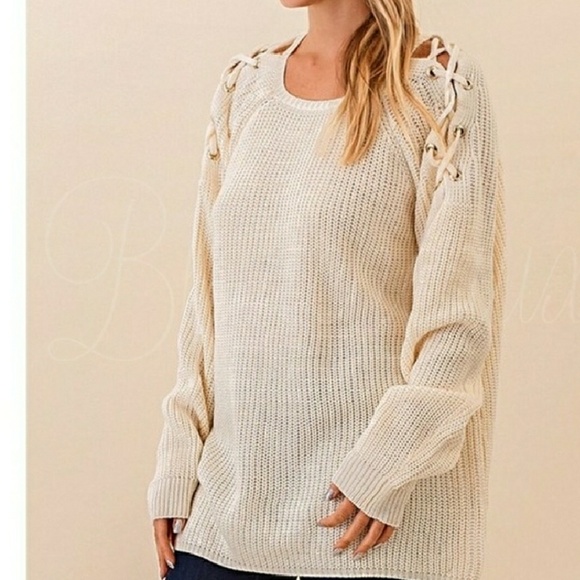 Sweaters - Cream Sweater w/ Lattice Lace Up Sleeves